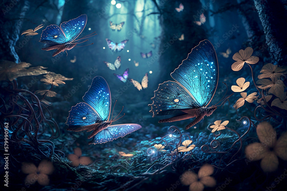 Gfairy butterflies in mystic forest. enerative ai