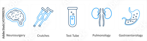 A set of 6 Medical icons as neurosurgery, crutches, test tube