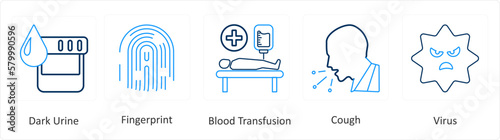 A set of 6 Medical icons as dark urine, fingerprint, blood transfusion