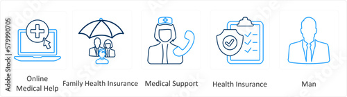 A set of 6 Medical icons as online medical help, family health insurance