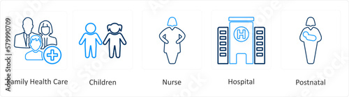 A set of 6 Medical icons as family health care, children, nurse