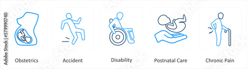 A set of 6 Medical icons as obstetrics, accident, disability, postnatal care