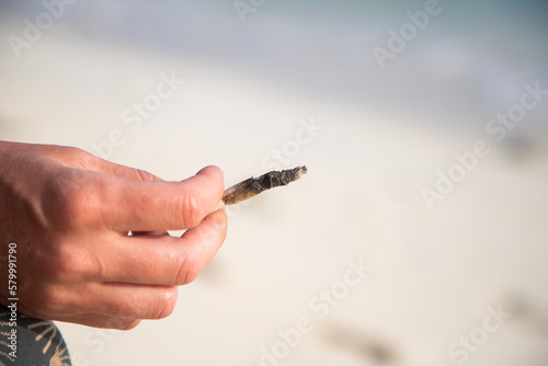 woman smoking a joint on the beach