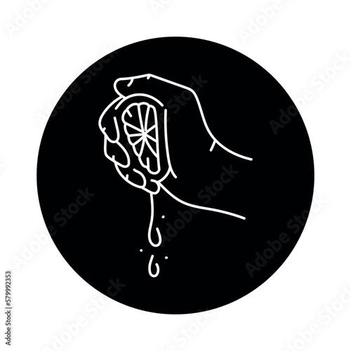 A hand squeezes a lemon color line icon. Cooking food.