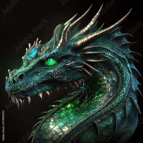 Bio-luminescent dragon portrait with green shine. Fantasy concept. Generative ai. 