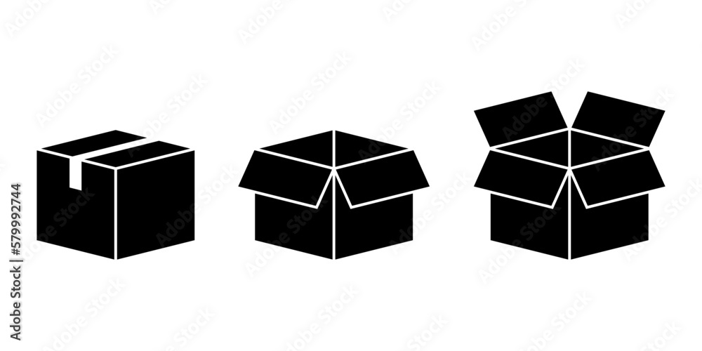 Set black paper cardboard box close and open icon outline flat vector design Set black paper cardboard box close and open icon outline flat vector design