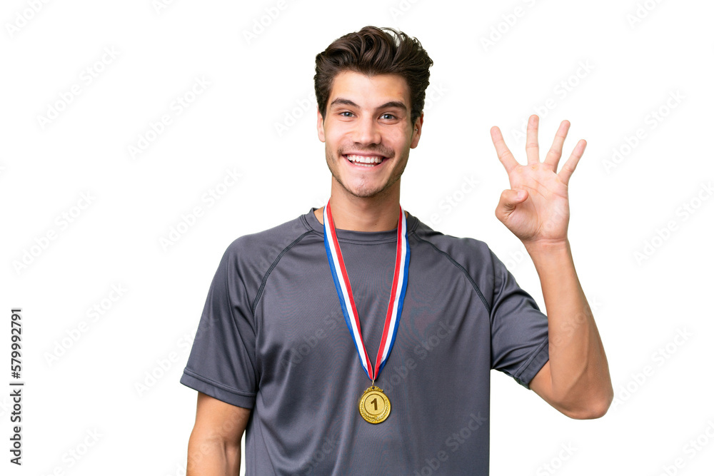 Young caucasian man with medals over isolated background happy and counting four with fingers Young caucasian man with medals over isolated background happy and counting four with fingers