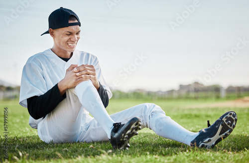 Canvas Print Baseball, pain and man with knee injury on field after accident, fall or workout in match