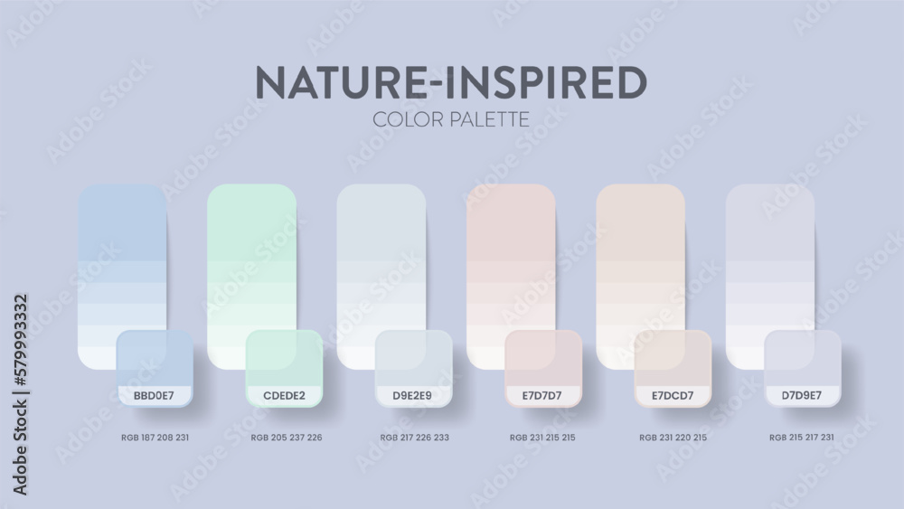 Vecteur Stock Color palette in Nature Inspired colour theme collections.  Color inspiration or colour chart with codes template. Color combination  set of RGB. Colors swatch for graphic design, art, fashion, website.