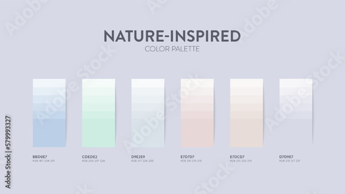 Color palette in Nature Inspired colour theme collections. Color inspiration or colour chart with codes template. Color combination set of RGB. Colors swatch for graphic design, art, fashion, website.