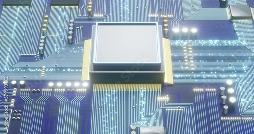 Computer printed circuit board animation. Electronic Printed Circuit Board With Microchips, Transistors, Semiconductors.