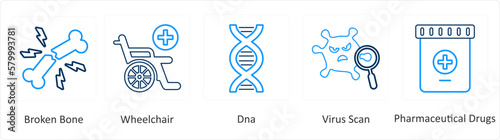 A set of 6 Medical icons as broken bone, wheel chair, dna