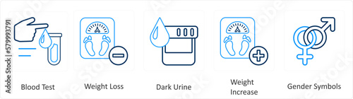 A set of 6 Medical icons as blood test, weight loss, dark urine