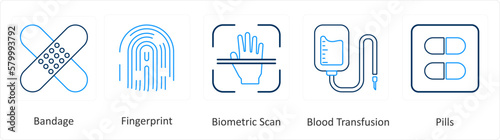 A set of 6 Medical icons as bandage, fingerprint, biometric scan