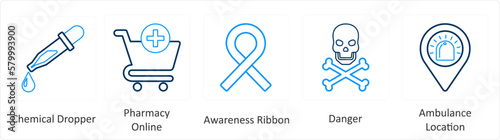 A set of 6 Medical icons as chemical dropper, pharmacy online, awareness ribbon