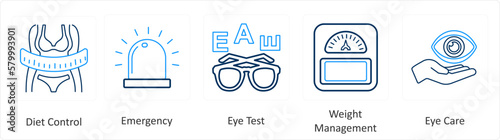 A set of 6 Medical icons as diet control, emergency, eye test