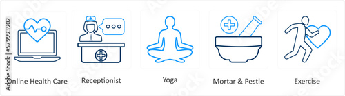 A set of 6 Medical icons as online health care, receptionist
