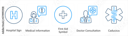 A set of 6 Medical icons as hospital sign, medical information, first aid symbol