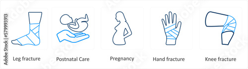 A set of 6 Medical icons as leg fracture, postnatal care, pregnancy