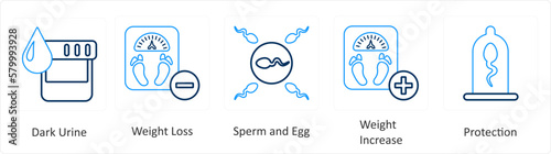 A set of 6 Medical icons as dark urine, weight loss, sperm and egg