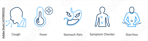 A set of 6 Medical icons as cough, fever, stomach pain