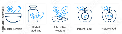 A set of 6 Medical icons as mortal and pestle, herbal medicine, alternative medicine