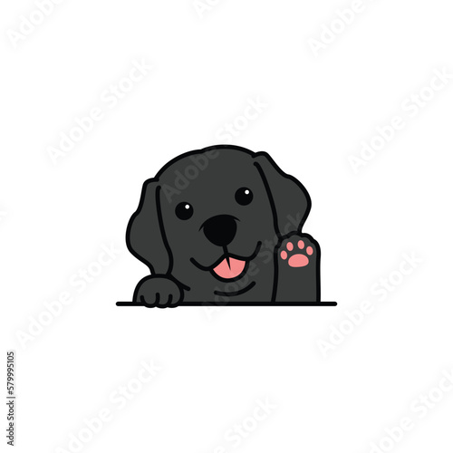 Cute black labrador retriever puppy waving paw cartoon, vector illustration