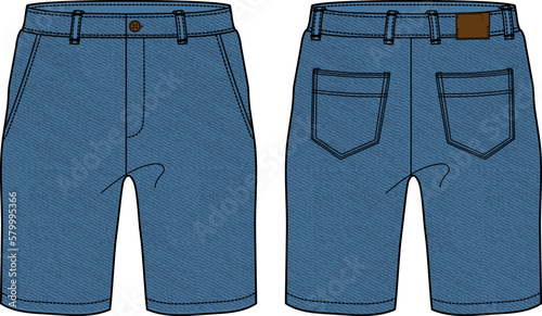 Denim Shorts design flat sketch vector illustration, Chino casual shorts concept with front and back view, printed walking bermuda walking jeans shorts design illustration