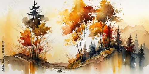 Autumn Forest Visual Orange  Watercolor Painting  Generative AI