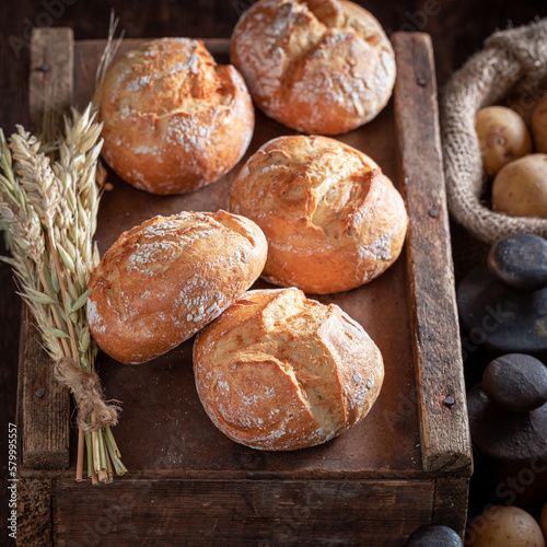 Wholegrains and healthy potato buns with grains.