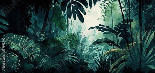 Dark Green Jungle Forest Watercolor View Painting  Generative AI