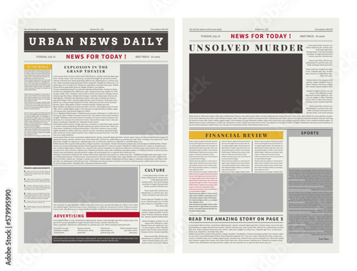Newspaper page template. Header and article. Headline news. Online newsletter column. International economy. Blank photo frames. Newsprint sheets set. Vector realistic tabloid design