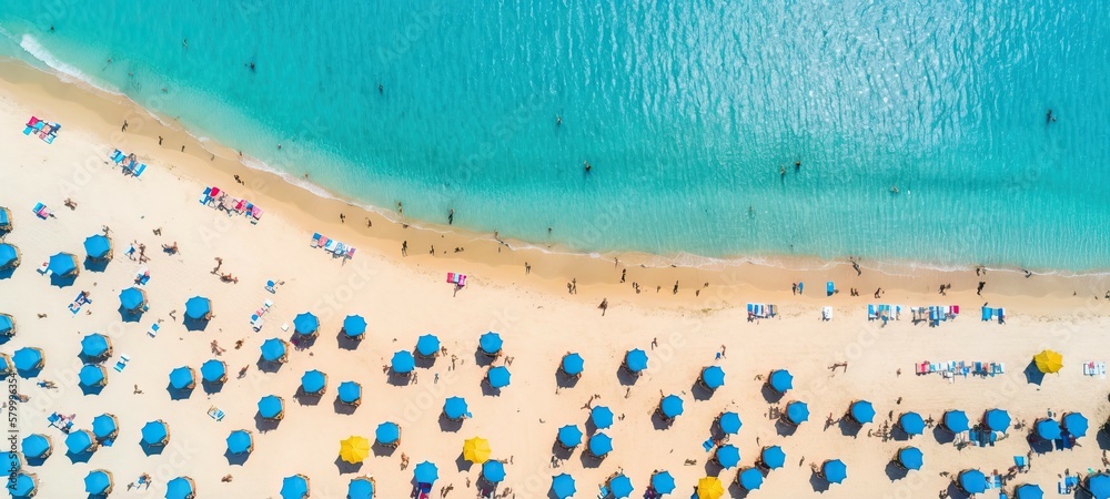 Sunny Holiday Beach, Bright Blue Water, Generative AI