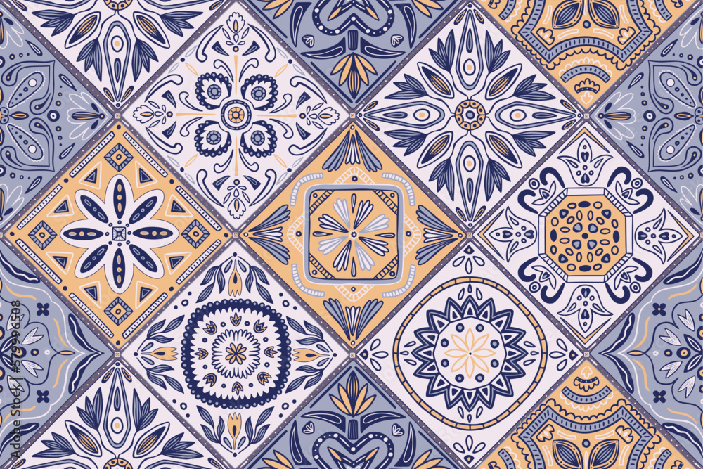 Ceramic tile pattern, mosaic decor. Floral print for wall in vintage portuguese patchwork style, blue floor background. Decor textile, wrapping paper, wallpaper. Vector seamless texture