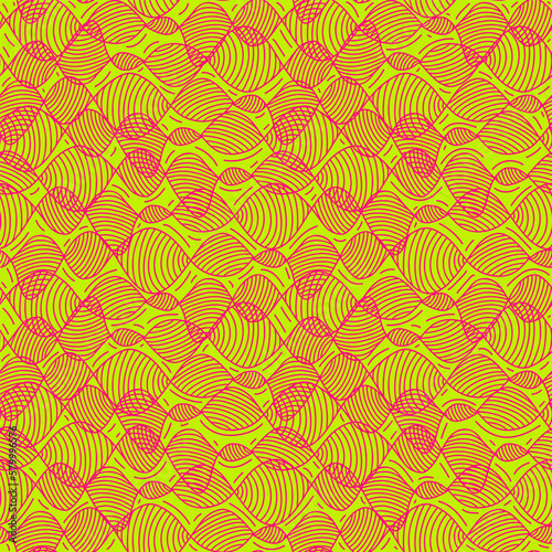 Neon green and pink abstract outline wavy seamless pattern.