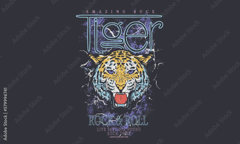Tiger vector print design for t shirt and others. Animal graphic print design for apparel, stickers, posters, background . Wild life artwork. Rock and roll. Rock star.  - obrazy, fototapety, plakaty 