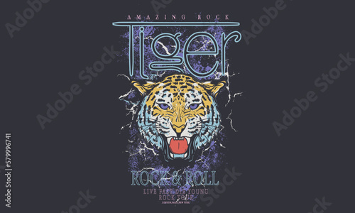 Tiger vector print design for t shirt and others. Animal graphic print design for apparel, stickers, posters, background . Wild life artwork. Rock and roll. Rock star. 