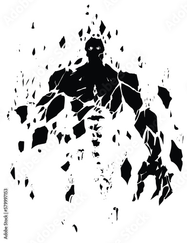 The black silhouette of a huge creepy golem gathering from stone fragments levitating in the air, his eyes glow and his spine is visible. 2d fantasy vector art photo