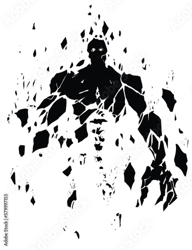 The black silhouette of a huge creepy golem gathering from stone fragments levitating in the air, his eyes glow and his spine is visible. 2d fantasy vector art