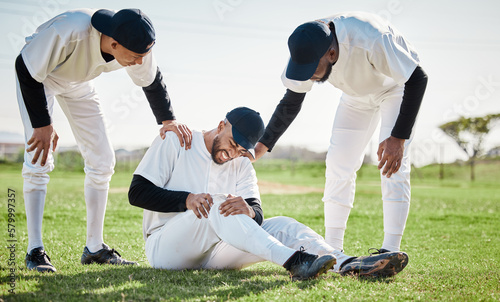 Photography Baseball, team help and man with injury on field after accident, fall or workout in match