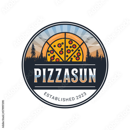 Vintage Emblem Logo for Fast Food, Natural Sun View Pizza Restaurant