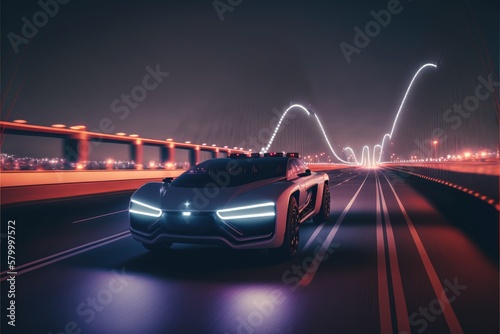 Cyber neon driving green power sport car with hybrid technology automotive. Concept of light glowing on dark city view in night life. Finest generative AI.