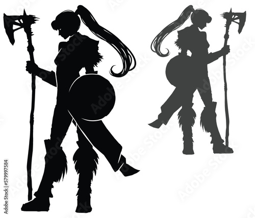 black silhouette with a beautiful warrior woman, she is a barbarian with a long bone halberd and a buckler shield on her arm, proudly stands with a long tail on her head, 2d art with a girl in profile