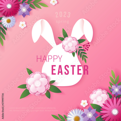 Easter bunny, rabbit head with origami paper spring flowers. Sale card with holiday decor for fair, cutout ear animal, children greeting postcard or post. Vector poster or frame template