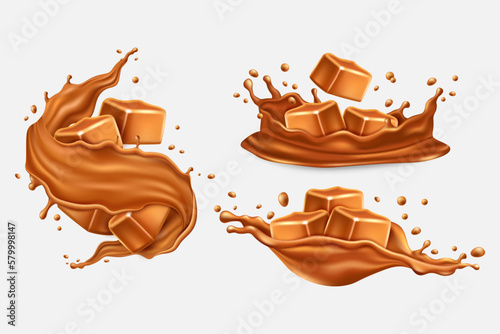 Toffee caramel in splash set, milk chocolate. Sweet candy cube in sugar syrup or dessert cream, 3d brown isolated piece. Swirl confectionery melting liquid. Vector realistic illustration