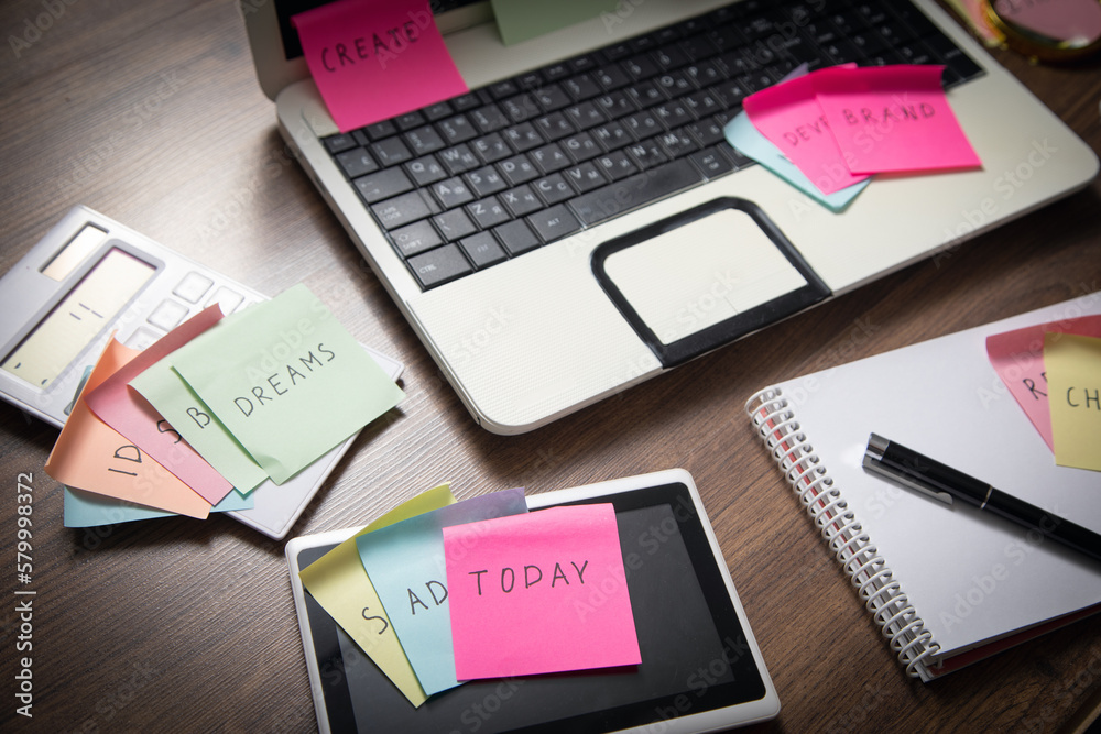 Laptop computer with colorful sticky notes. Business Laptop computer with colorful sticky notes. Business