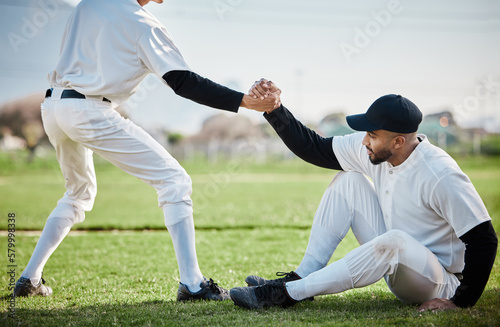 Canvas Print Teamwork, helping hand or baseball player in training, exercise or workout in practice match on sports field