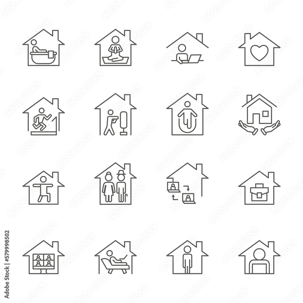 Stay home. Family house icons. Linear patria casa. Social isolation at flu pandemic. Line symbols for medical work book. Work and leisure. People in apartment. Vector pictograms set