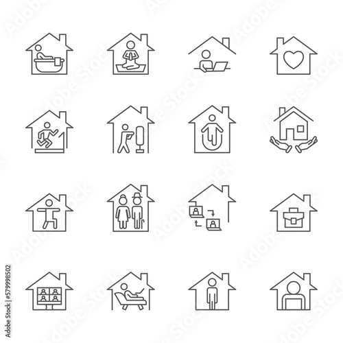 Stay home. Family house icons. Linear patria casa. Social isolation at flu pandemic. Line symbols for medical work book. Work and leisure. People in apartment. Vector pictograms set