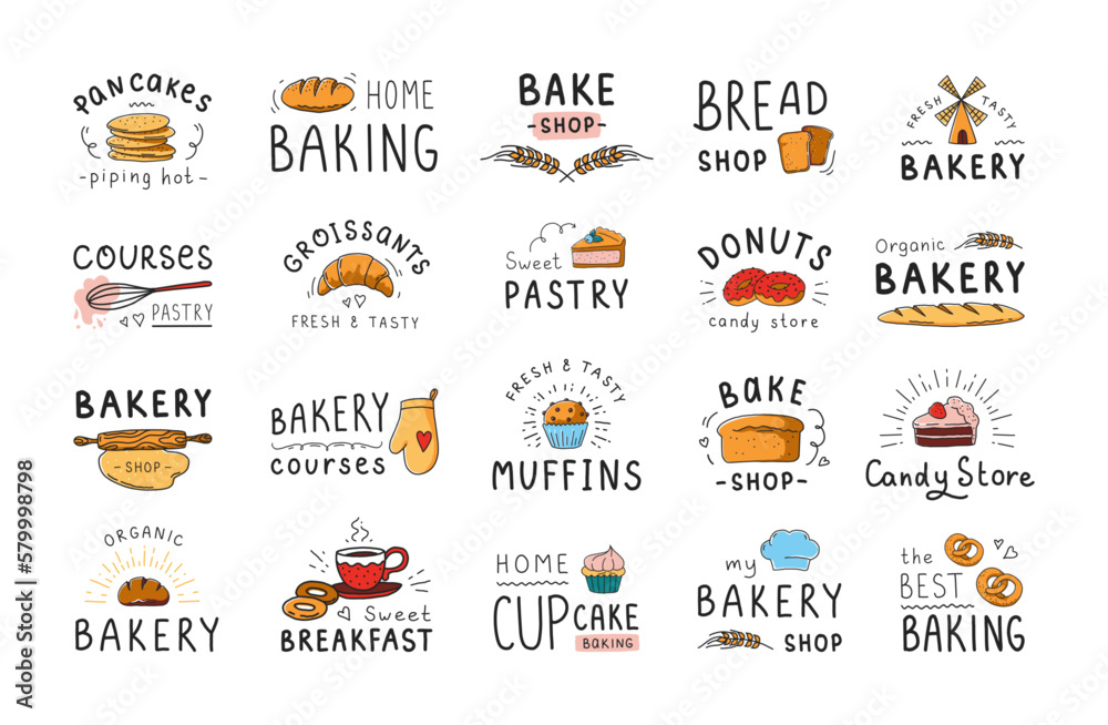 Traditional cake logo. Organic bakery emblem. Pretzel and donut. Cookie shop logotype for marketing. Gourmet label decoration. Pancake and bread. Vector illustration pastry icons set